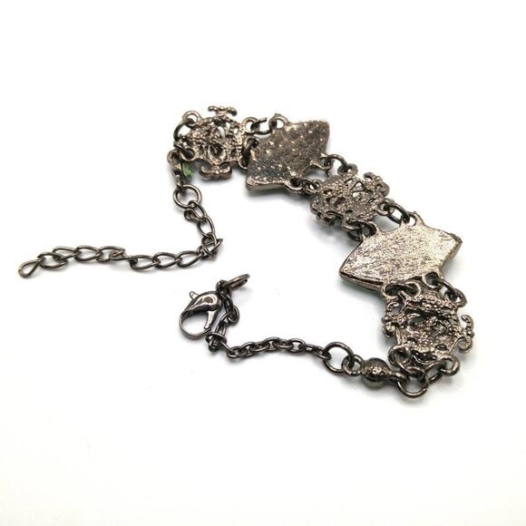 Green Rhinestone Link Bracelet, Rustic Silver Tone, 8 1/2 Inches - Picture 6 of 6